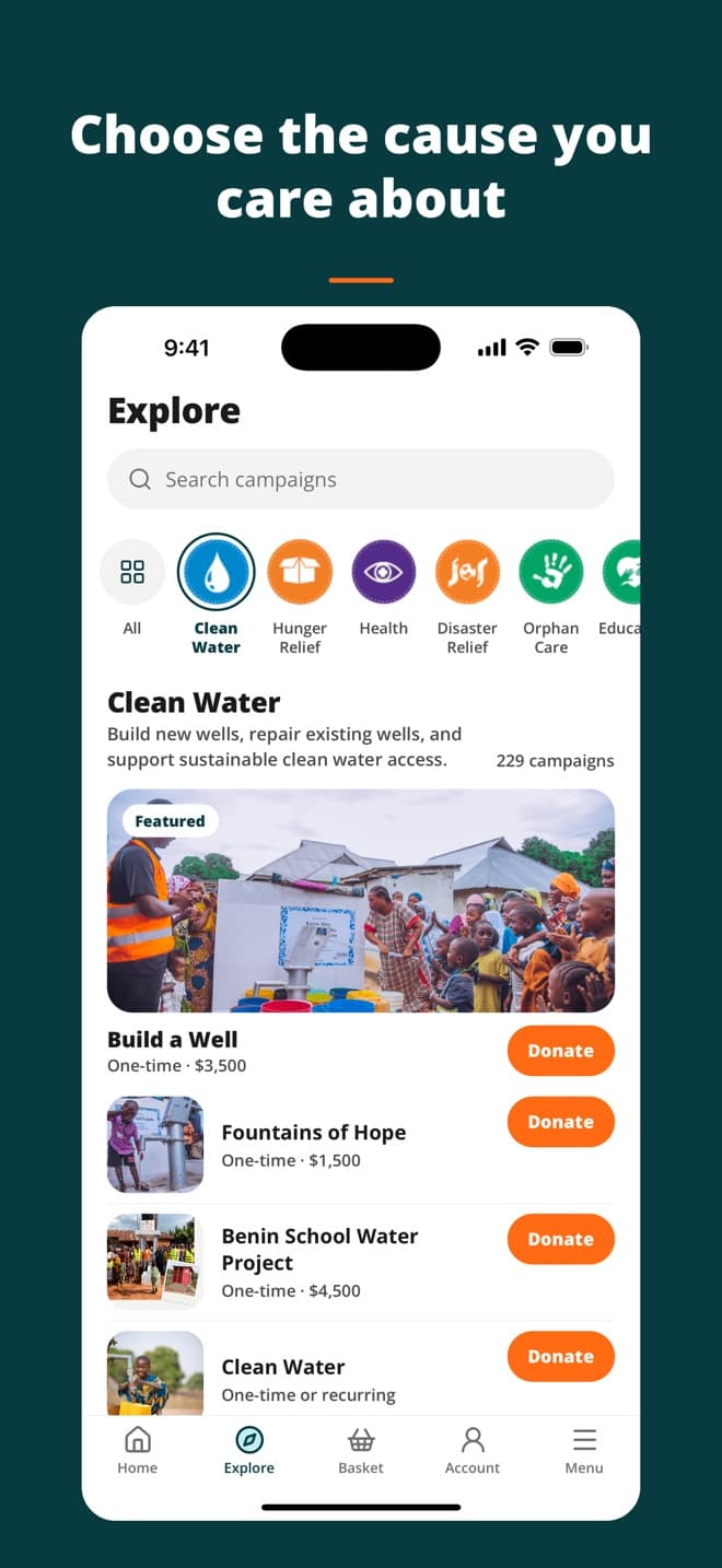Explore screen: choose the cause you care about