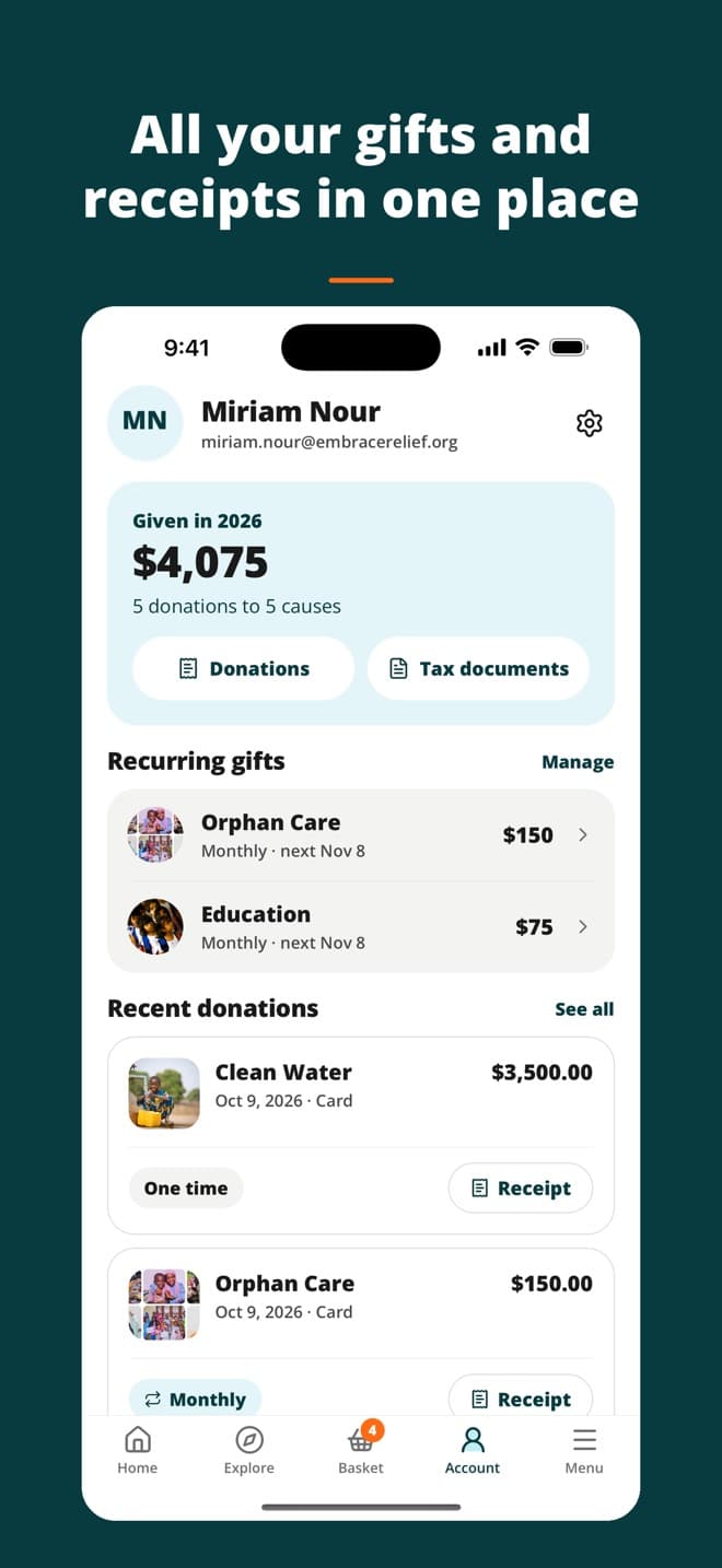 Your gifts and receipts in the Embrace Relief app