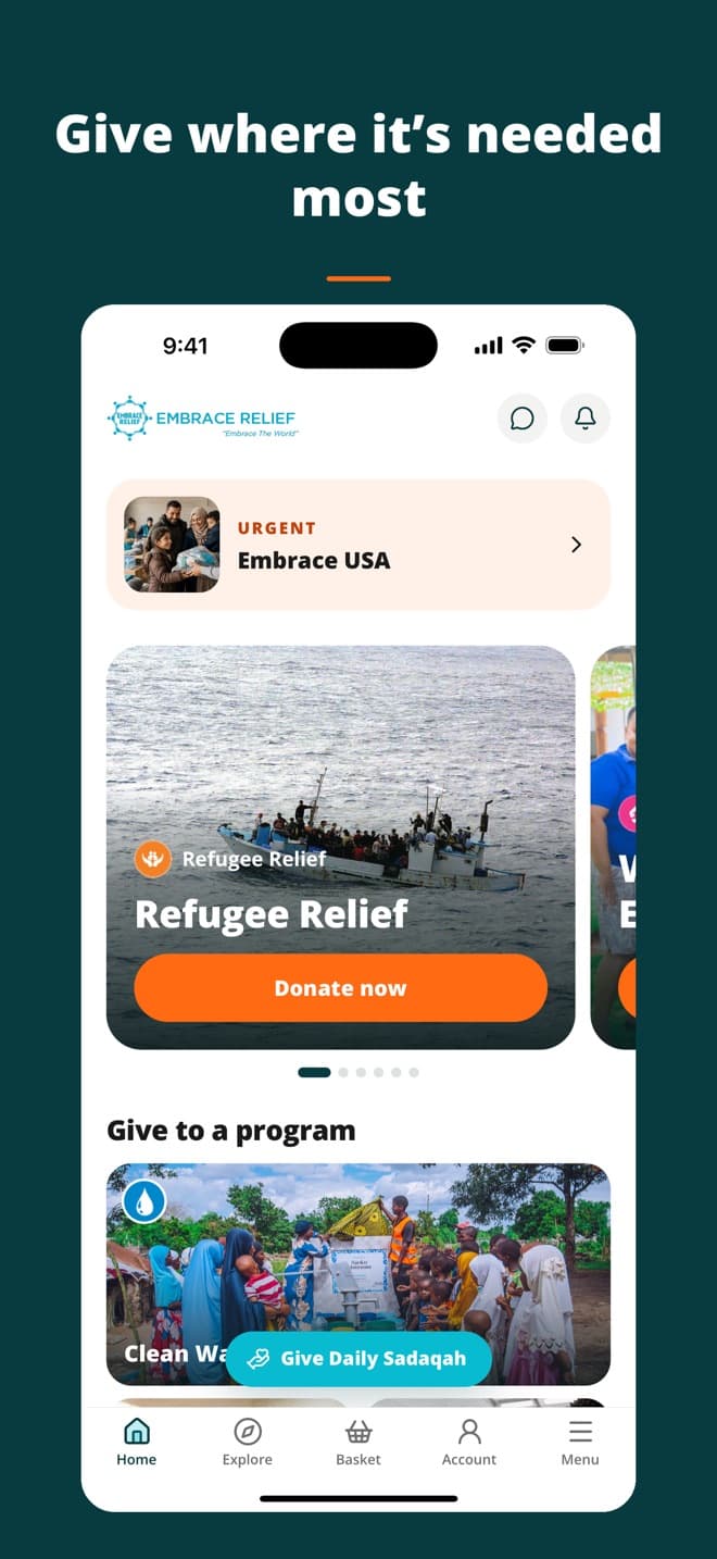 The Embrace Relief app home screen