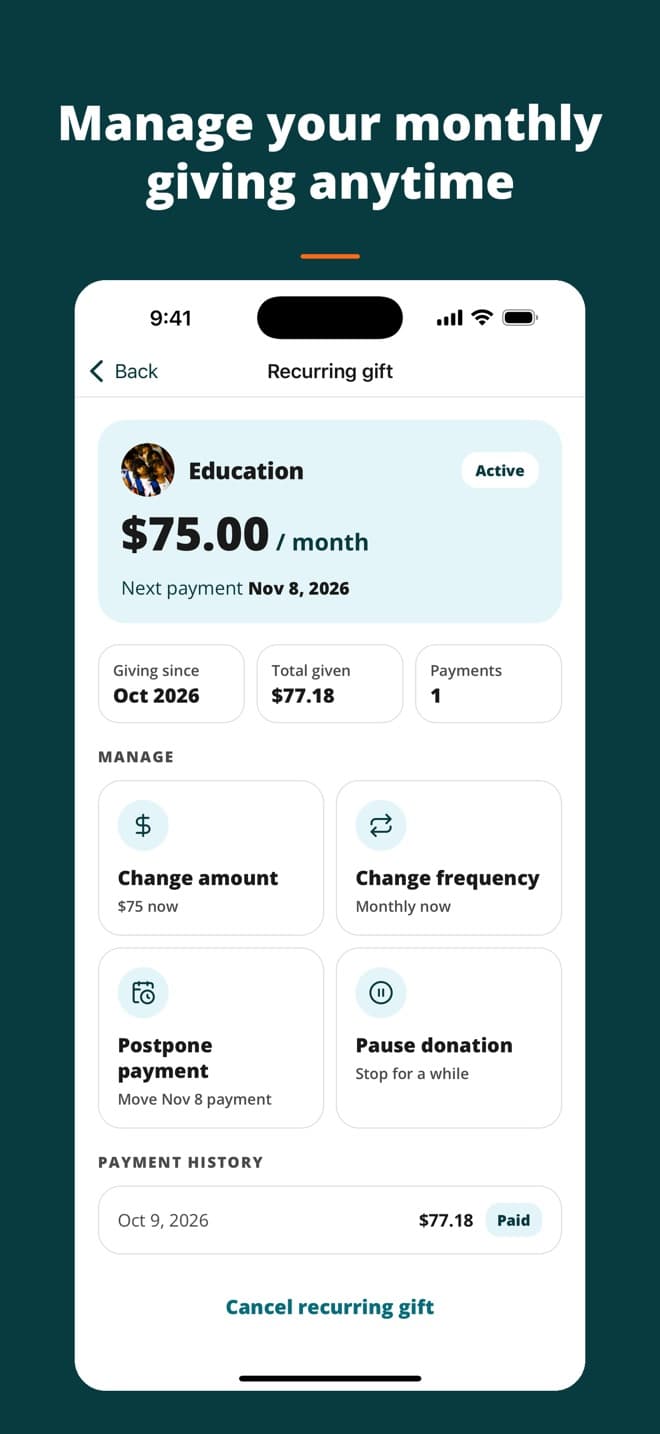 Recurring gift screen: manage your monthly giving anytime
