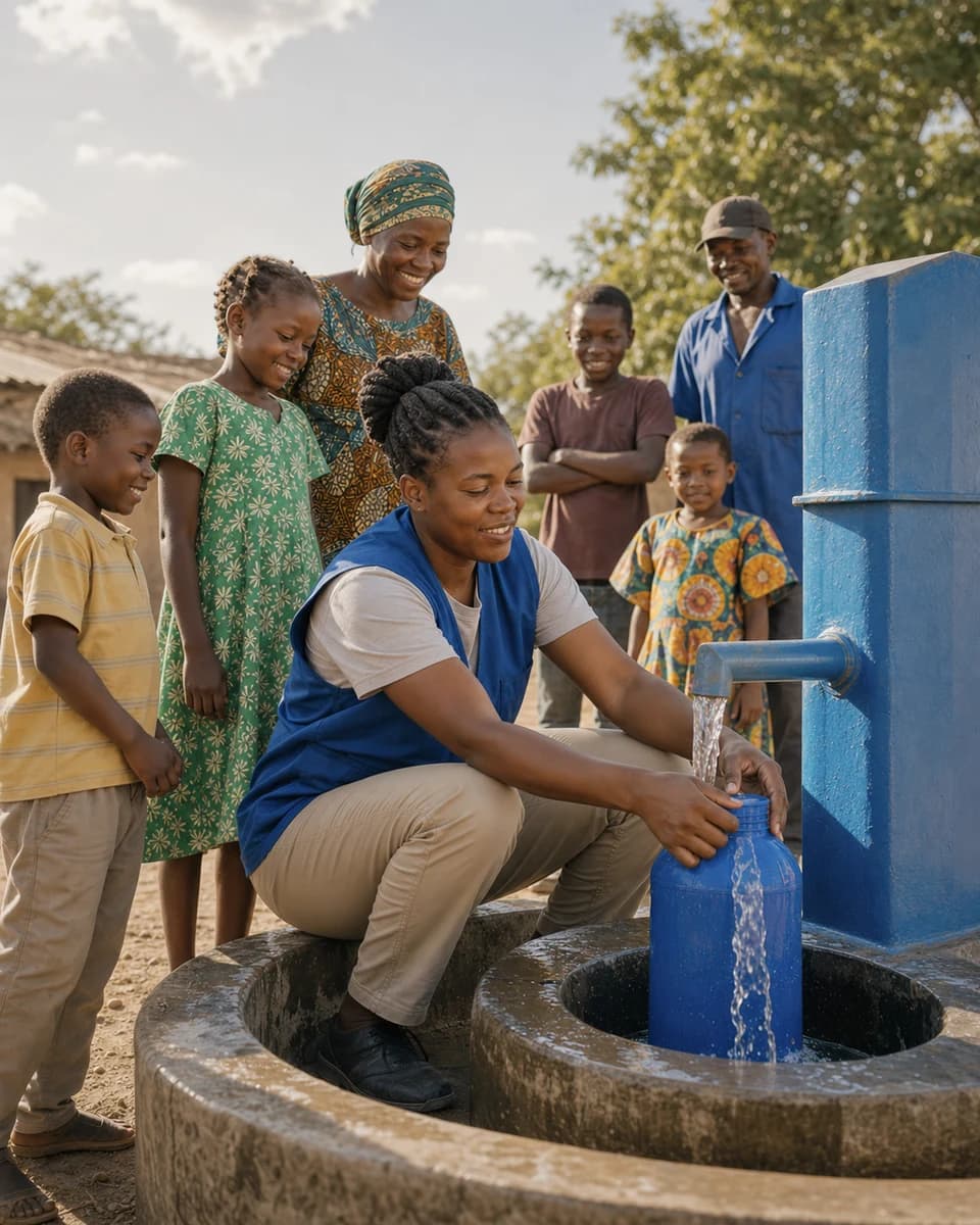 A newly completed community water well in use