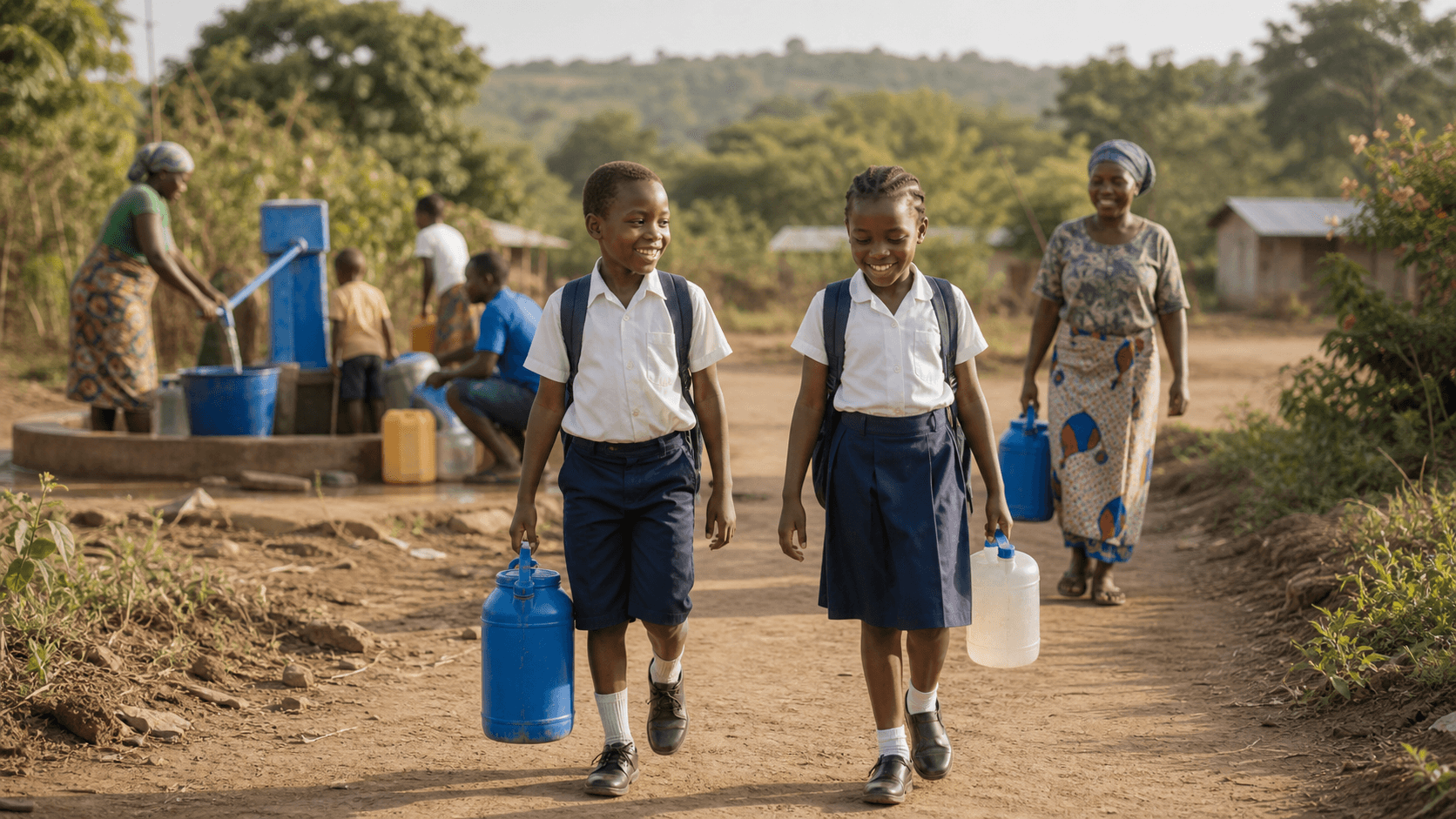 Community members collecting clean water from a local well