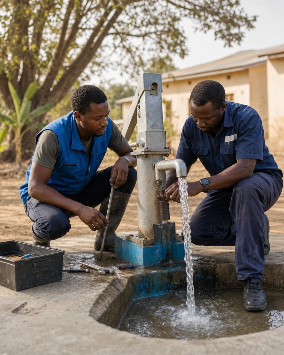 Technicians repairing a community water well
