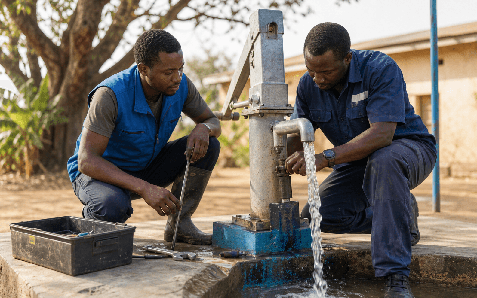 Field team maintaining a clean water well