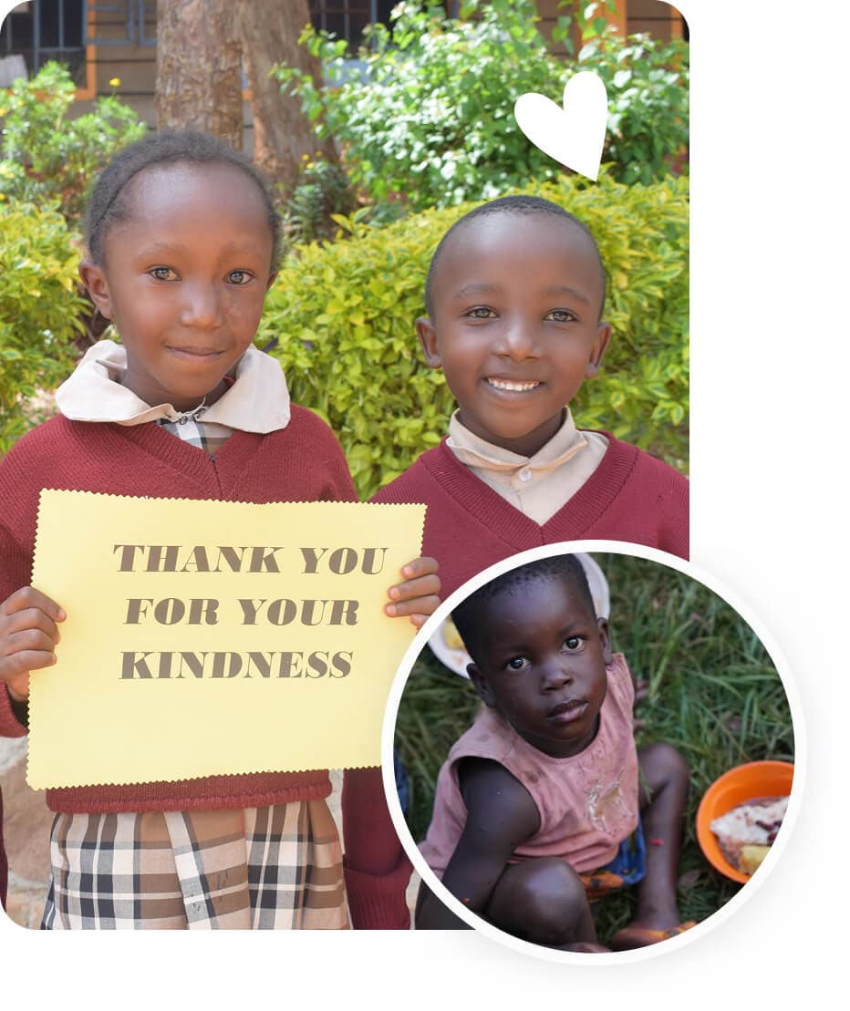 Two children holding a thank-you sign, with a smaller photo of another child