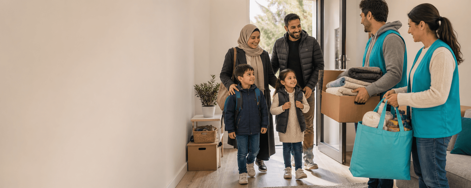 A family being welcomed with essential supplies