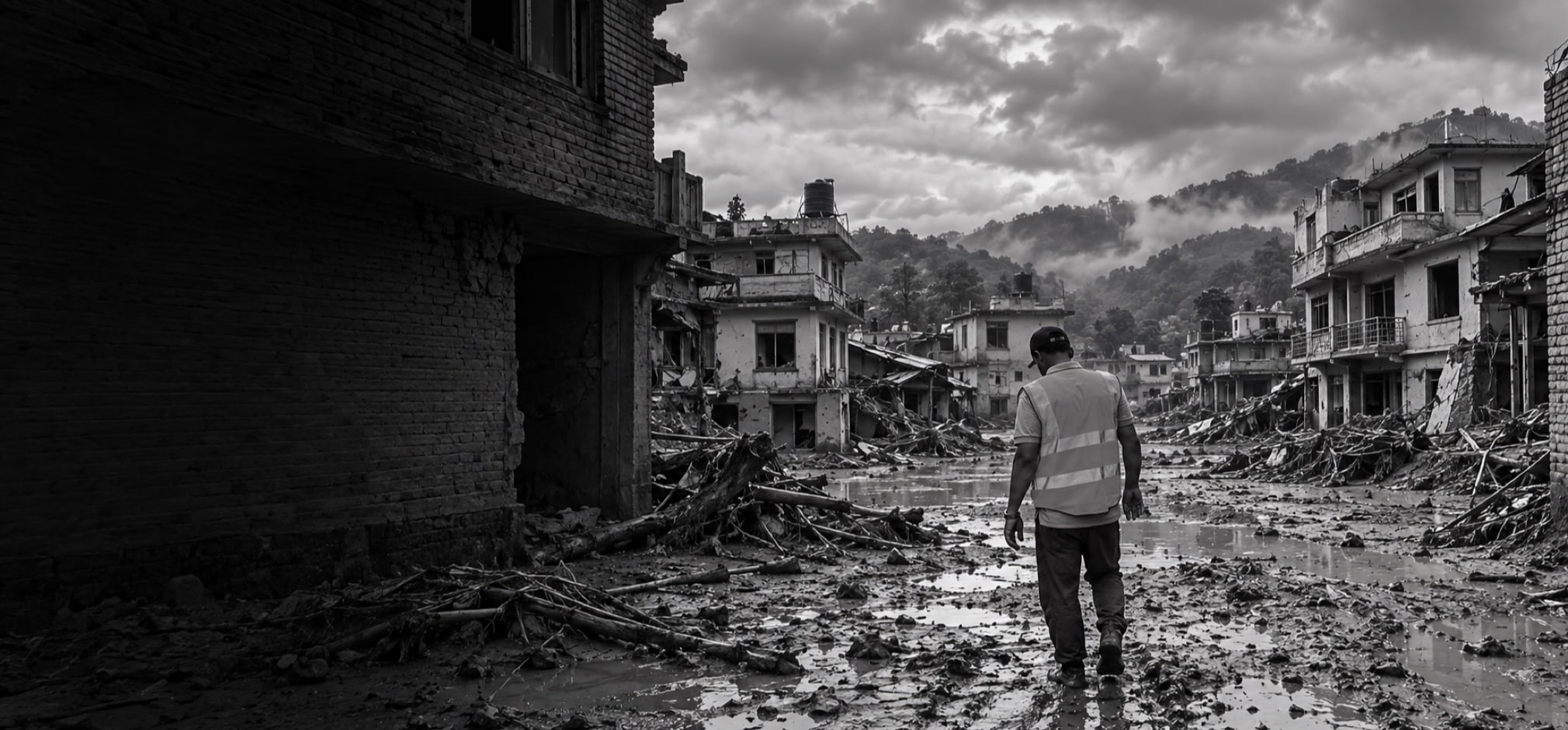 An Embrace Relief field worker surveying flood damage in Nepal