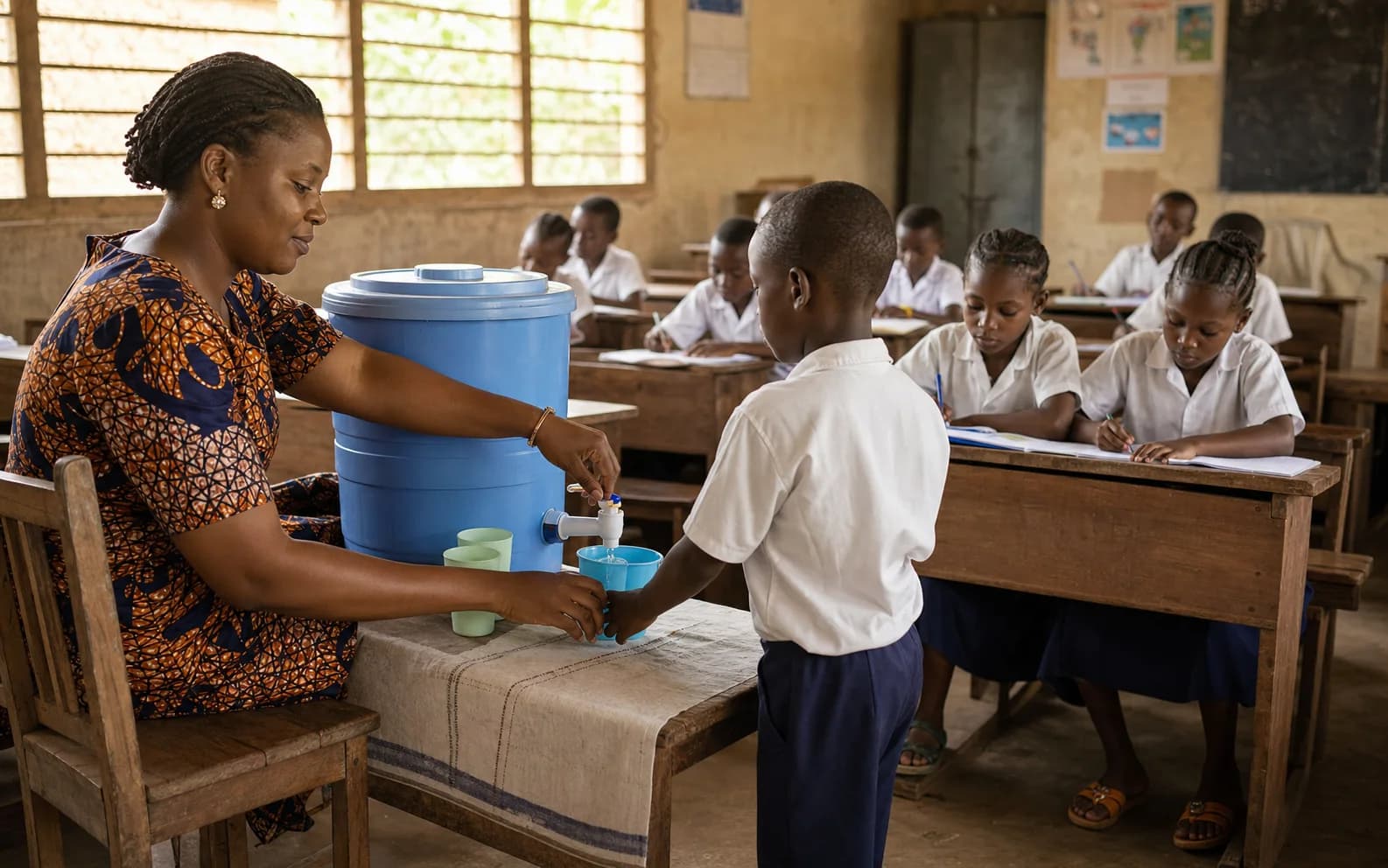 A teacher serving clean drinking water during class in Benin