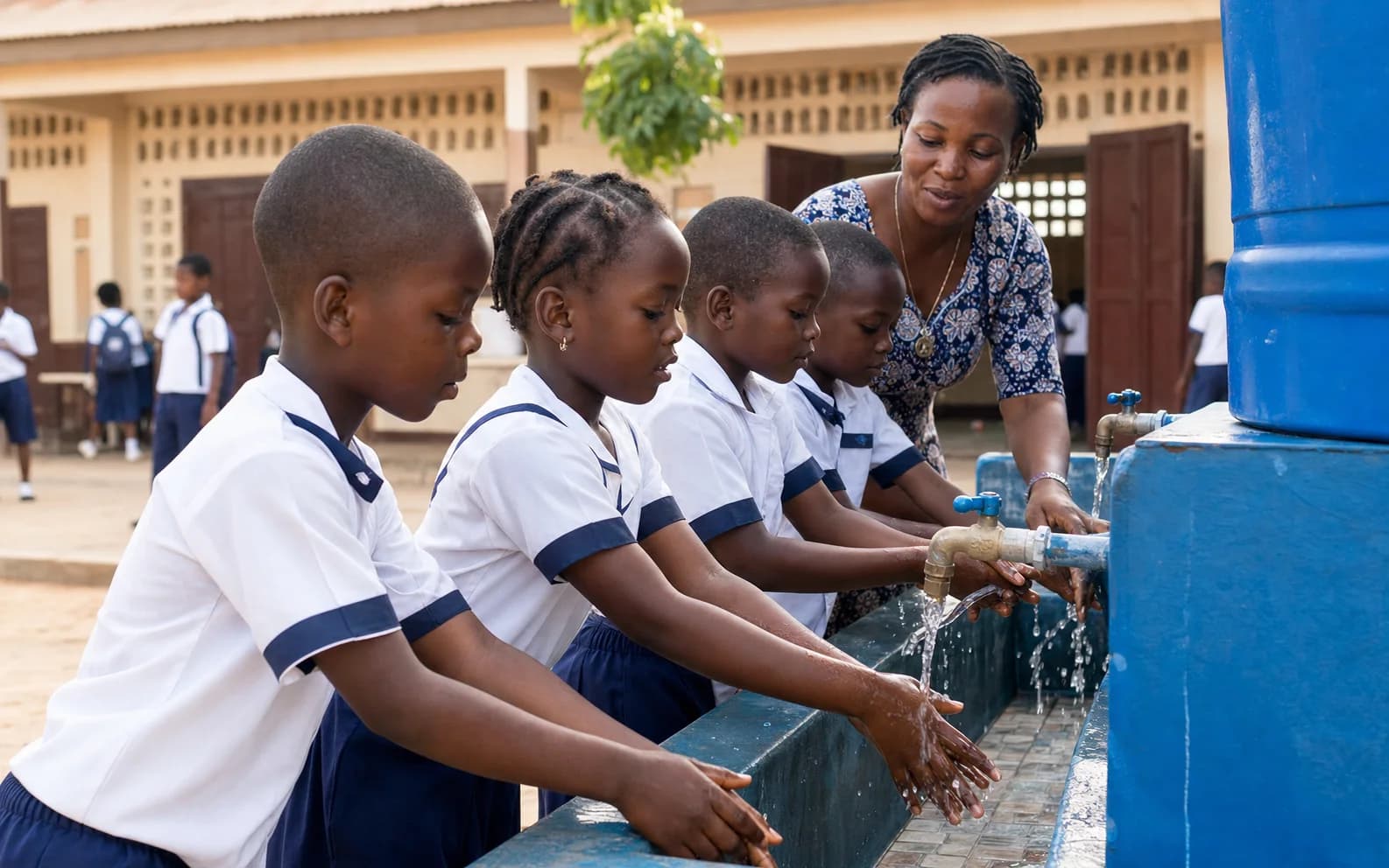 Students washing their hands at a school water station in Benin