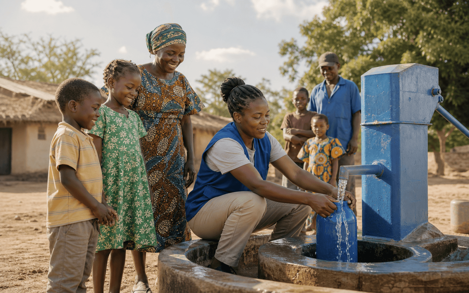 Families gathering at a new clean water well