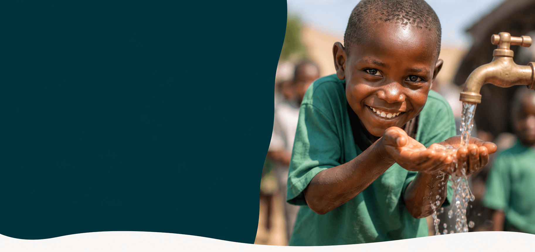 A smiling child enjoying clean water from a community tap