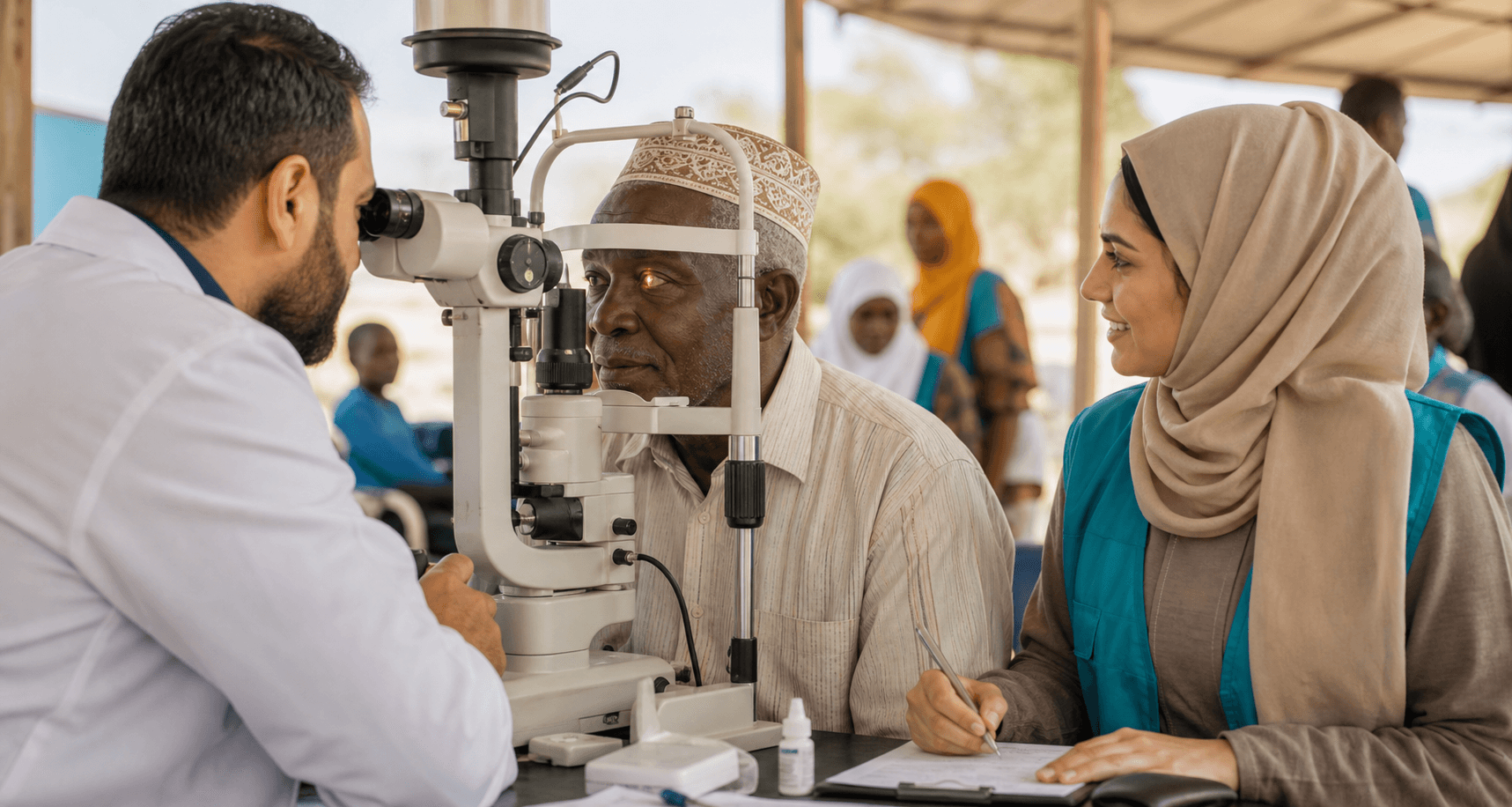 A clinician examining a patient during an eye care outreach program
