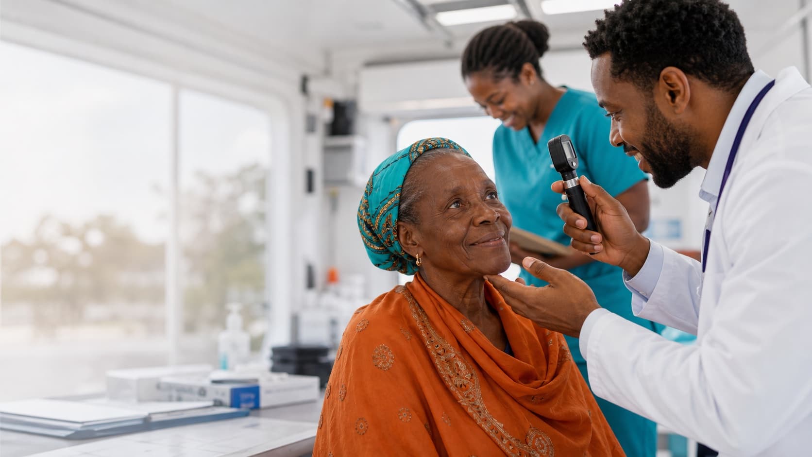 A clinician providing a respectful eye exam in a mobile health outreach clinic
