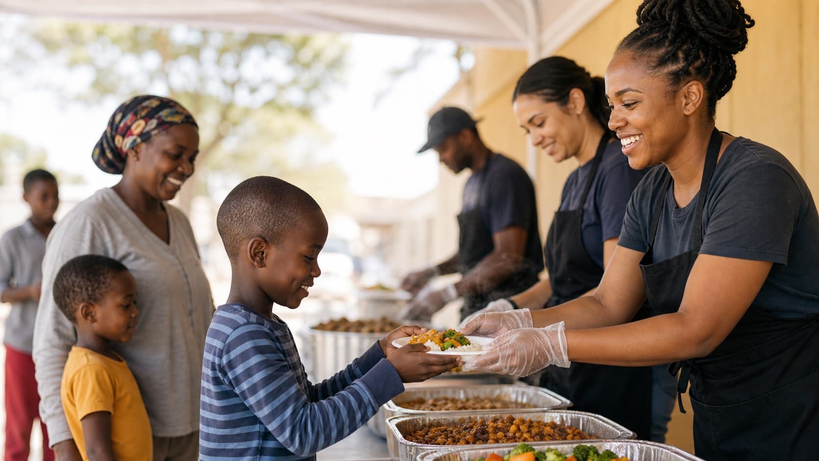 Volunteers serving meals through a relief program