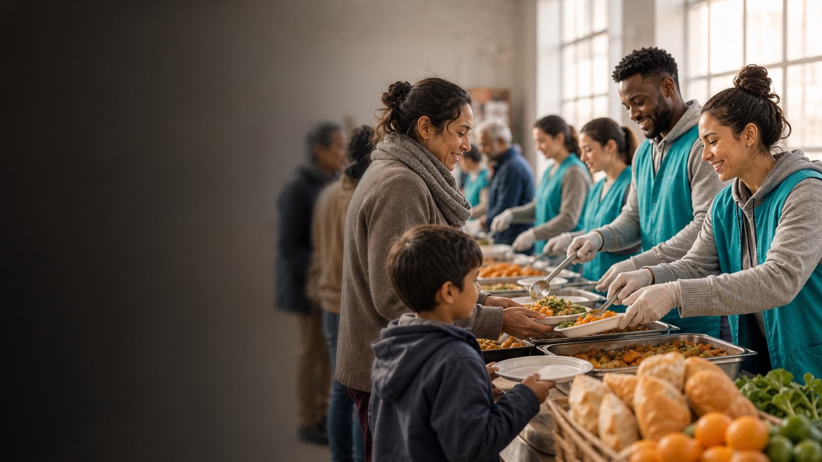 Volunteers serving warm meals in a clean community food support setting