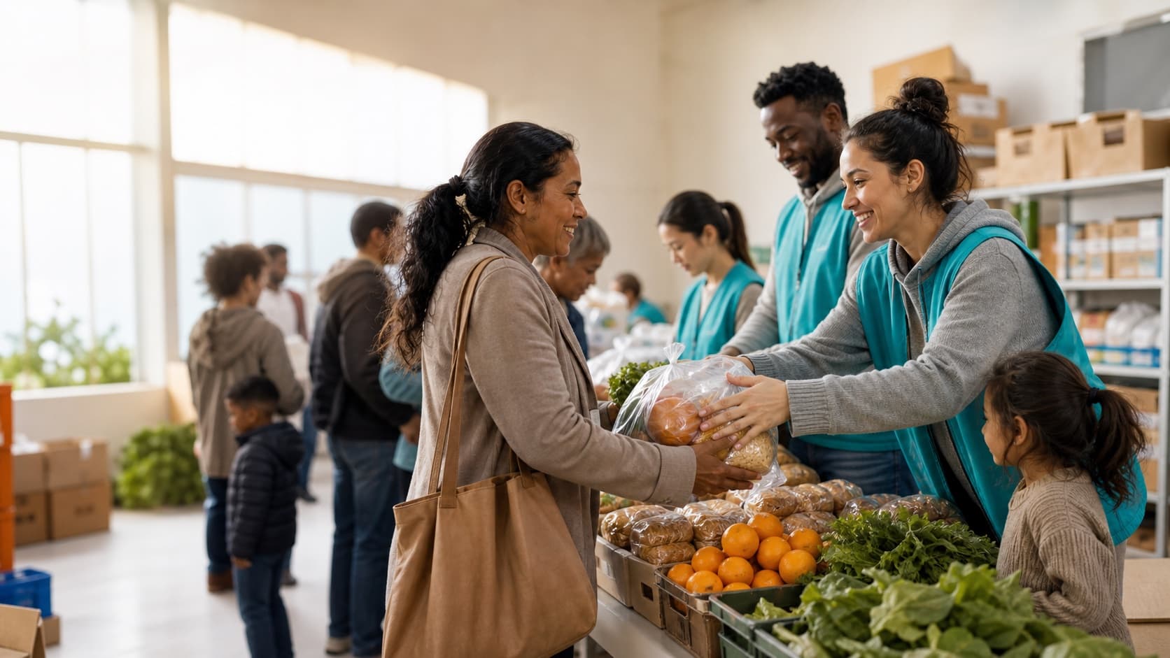 Volunteers distributing fresh food packages in a bright community food support program