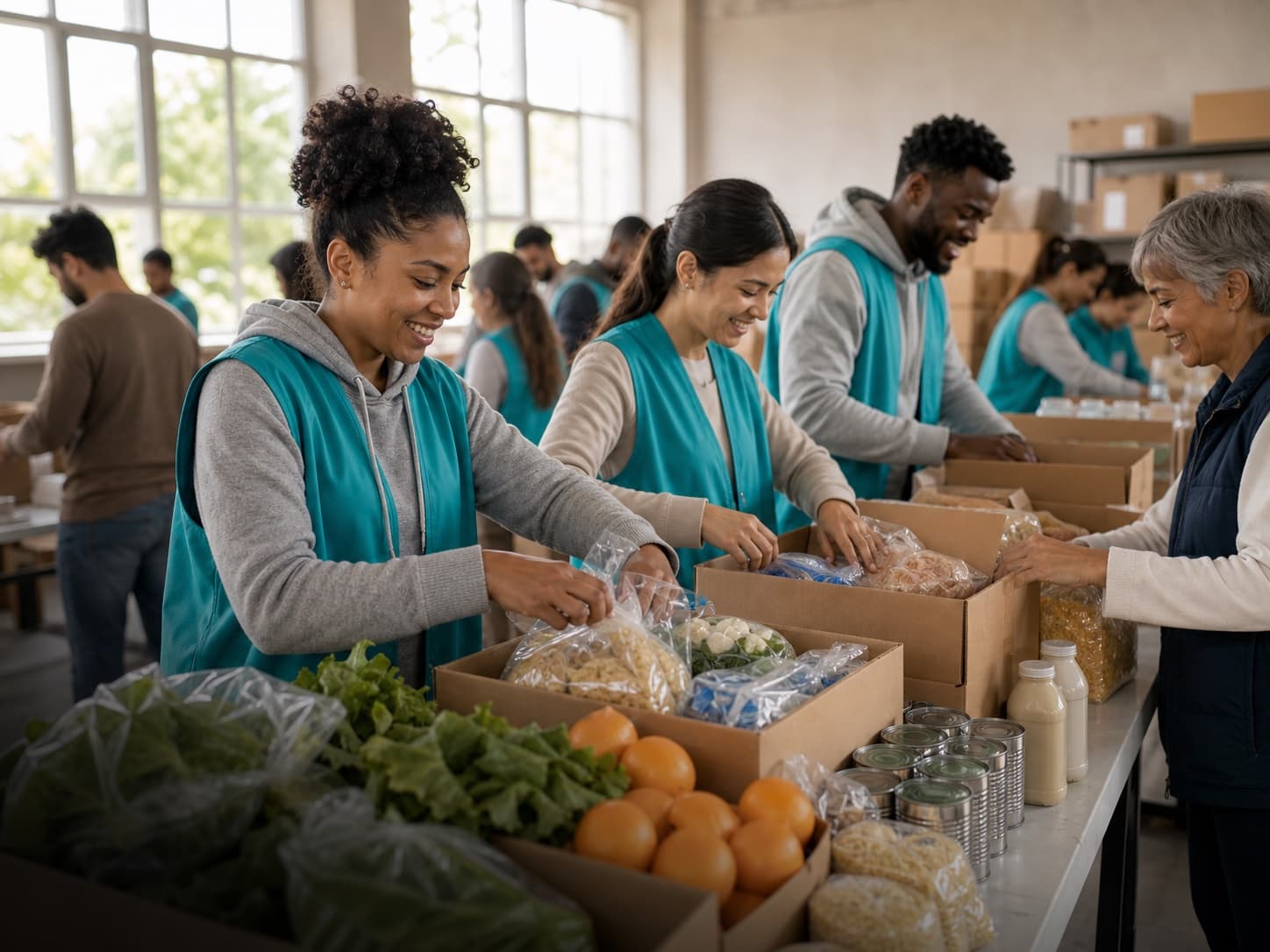 Volunteers preparing food and relief support