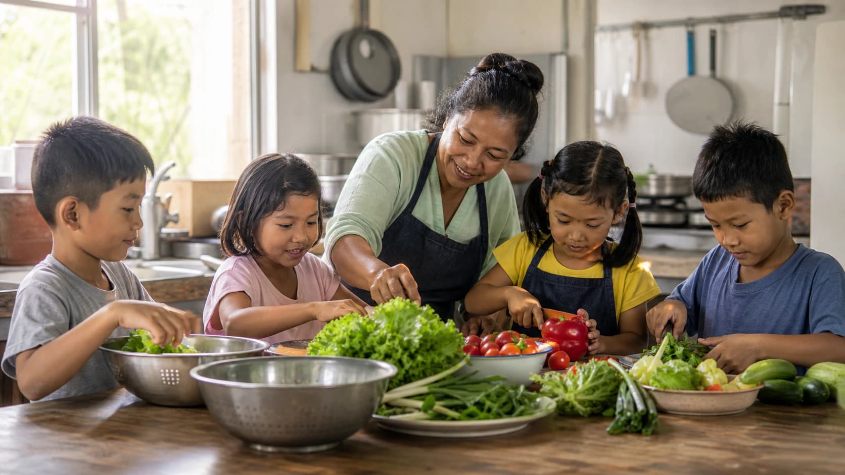 Children and a caregiver preparing a healthy shared meal
