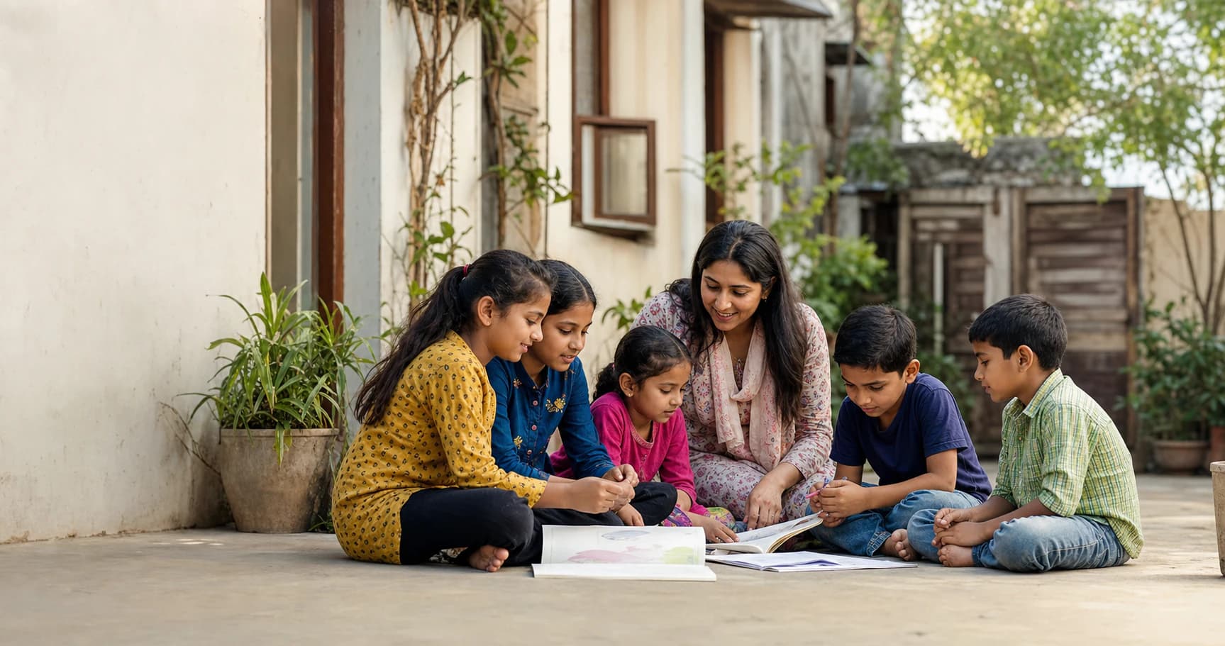 Children learning with a caregiver in a bright partner-home courtyard