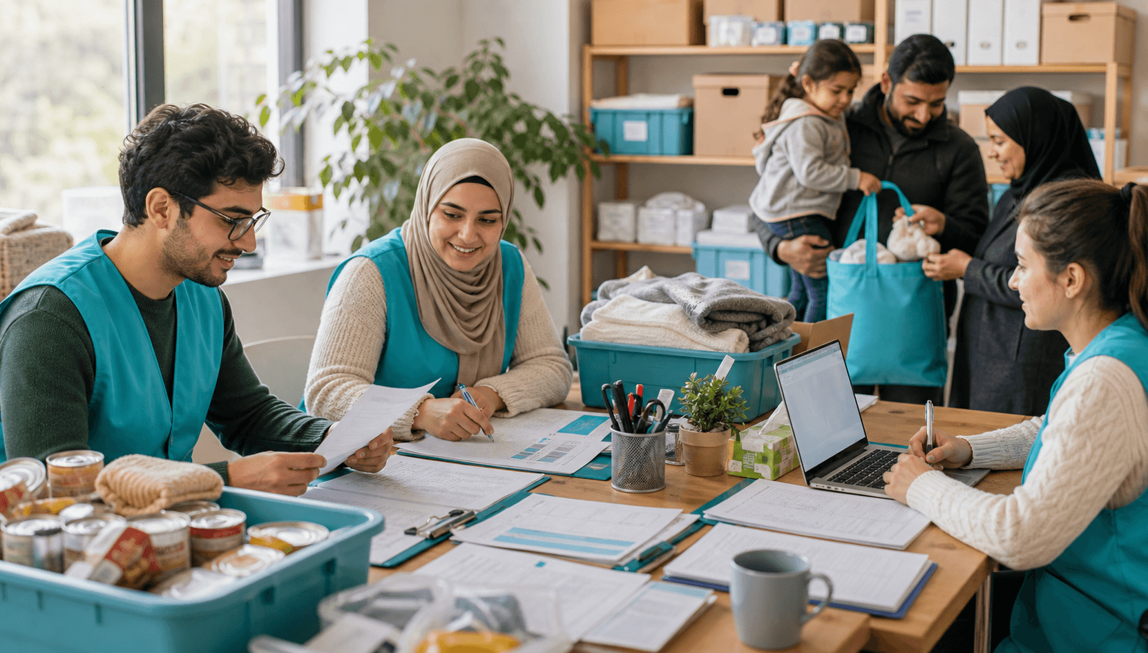 Volunteers coordinating refugee relief supplies and support documents