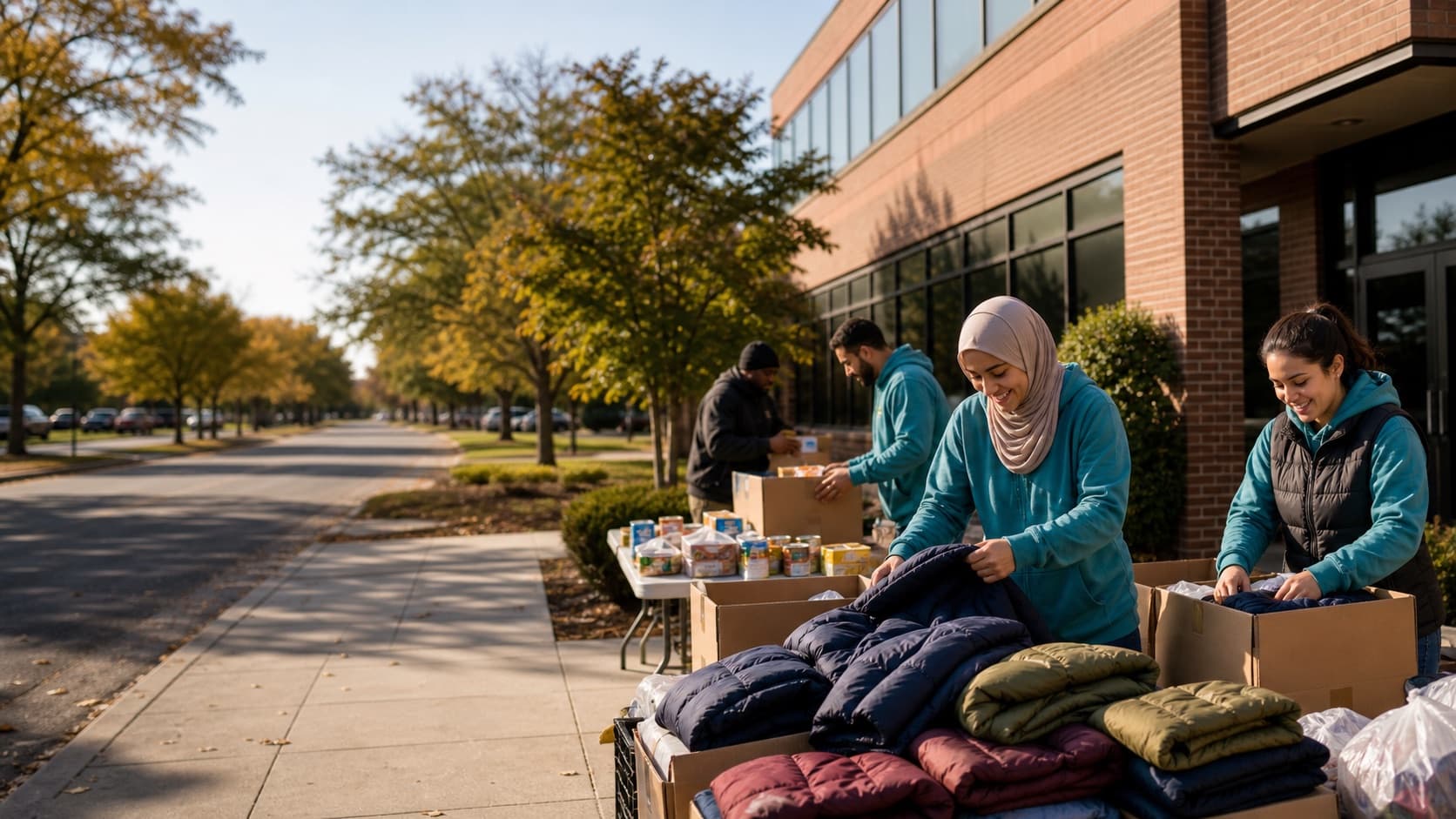 Volunteers organizing winter support supplies outside the Embrace Relief Midwest regional office