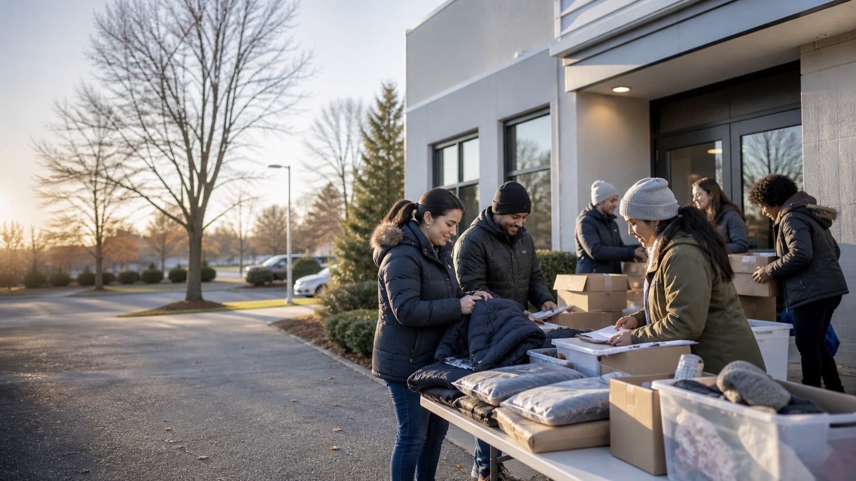 Volunteers coordinating donation supplies outside the Embrace Relief Northeast regional office