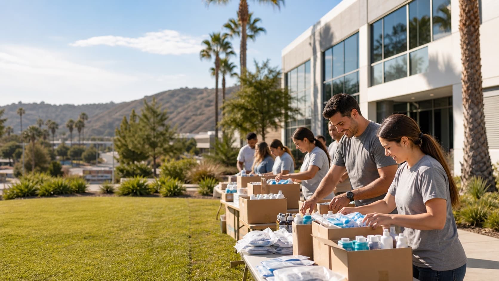 Volunteers packing community support kits outside the Embrace Relief West regional office