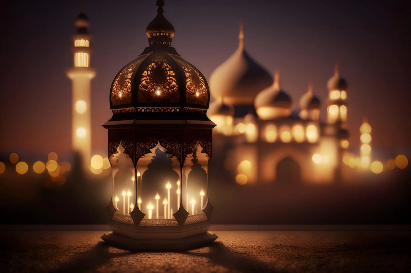 Islamic lantern with blurred mosque background representing Ramadan traditions