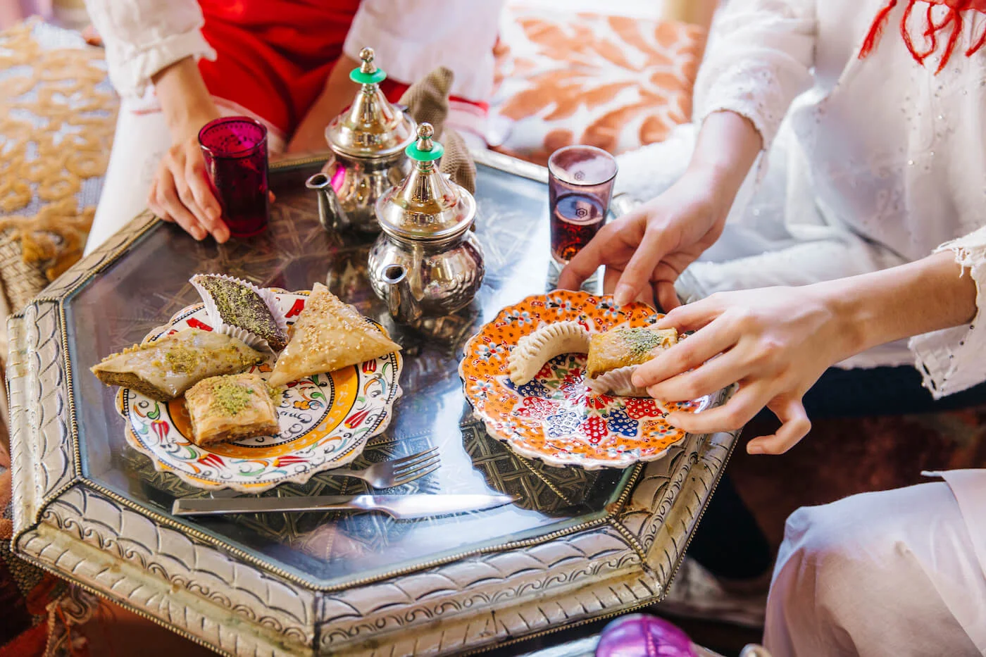 Close up of traditional Arab food dishes served in a restaurant setting