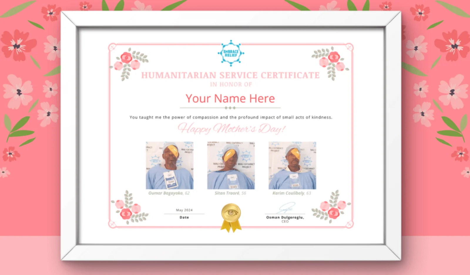 Custom Cataract Surgery Certificate sent to donors