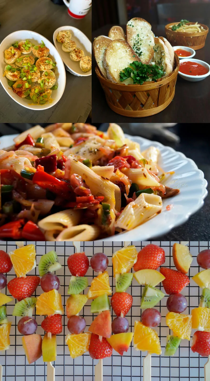 Assortment of Labor Day potluck dishes including sliders and salads