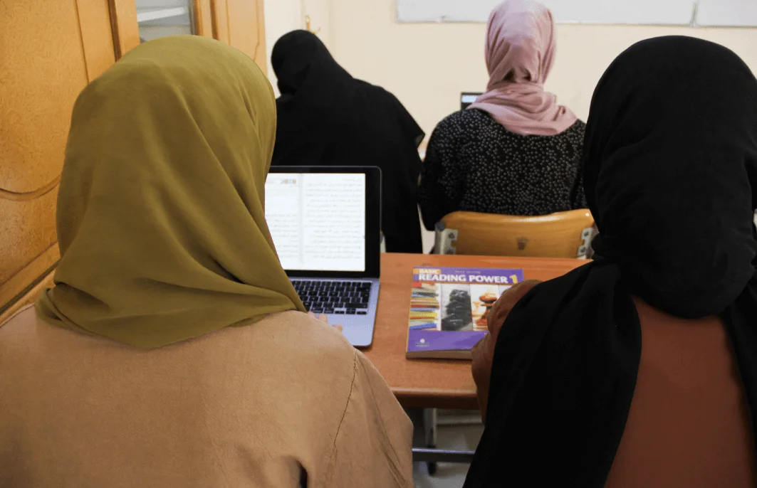 Afghan girls participating in online education through the L.E.A.R.N. program