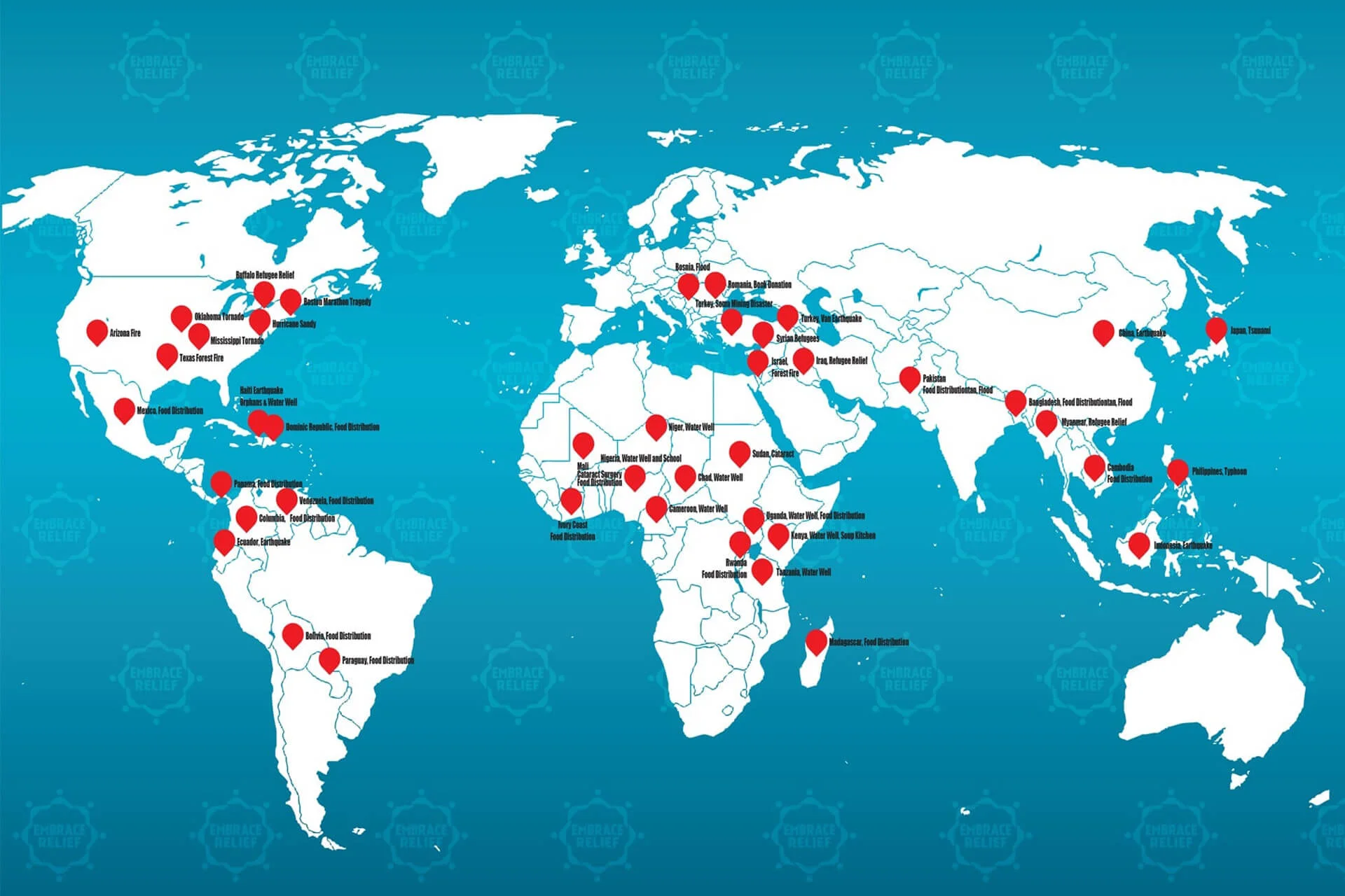 World map showing global reach of Embrace Relief humanitarian aid programs