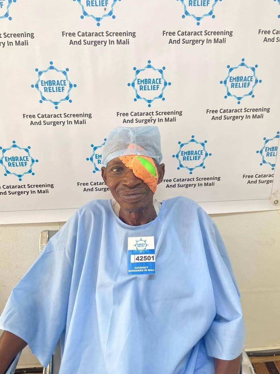 Patient receiving eye care support in Sikasso