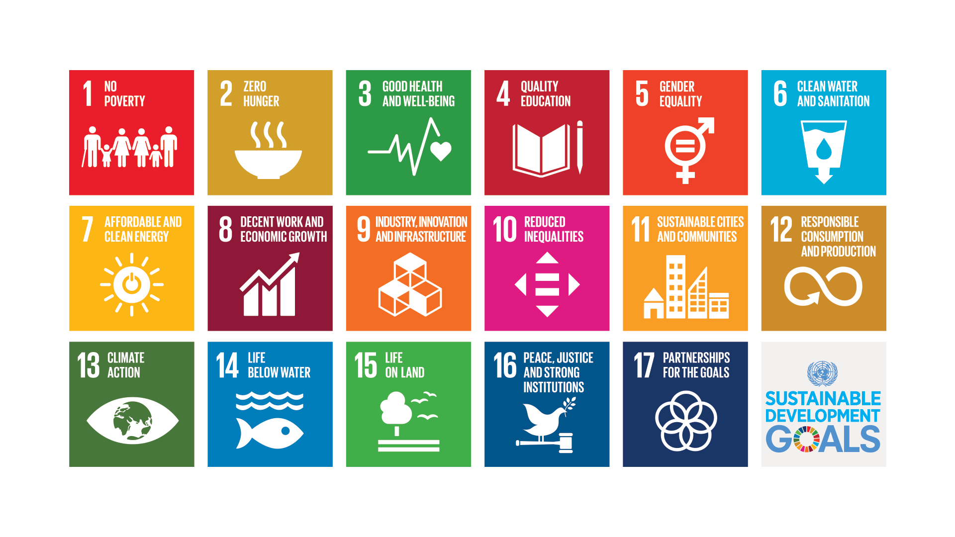 Infographic displaying the 17 United Nations Sustainable Development Goals icons and titles