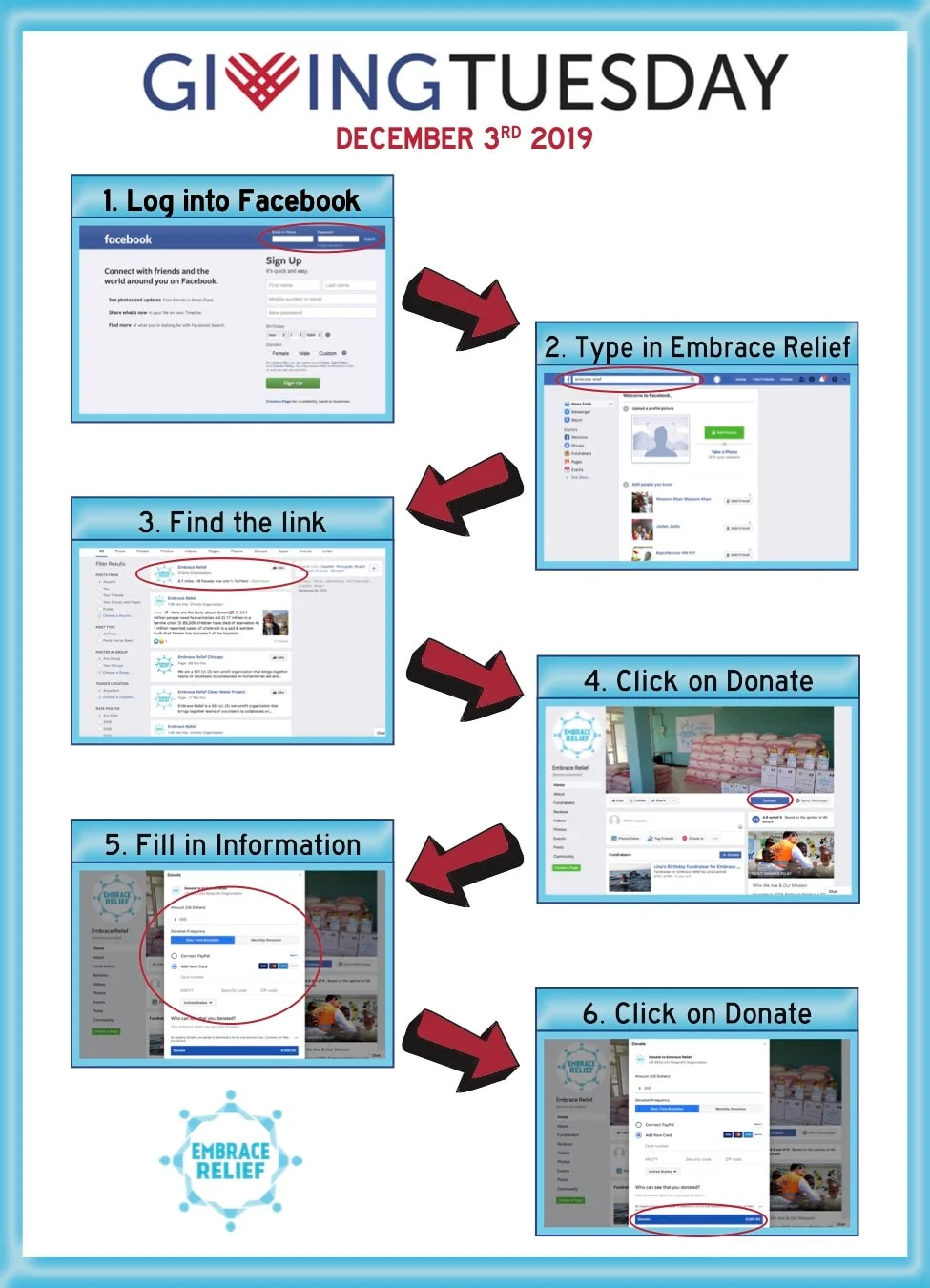 Step-by-step visual guide on how to donate via Facebook for Giving Tuesday