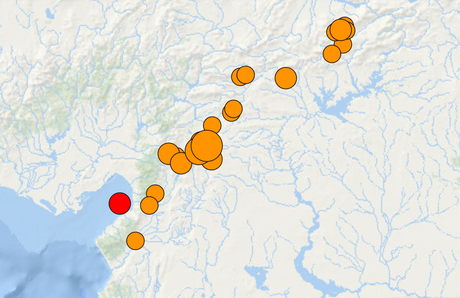 Map showing the location of the initial earthquake in Turkey and subsequent aftershocks